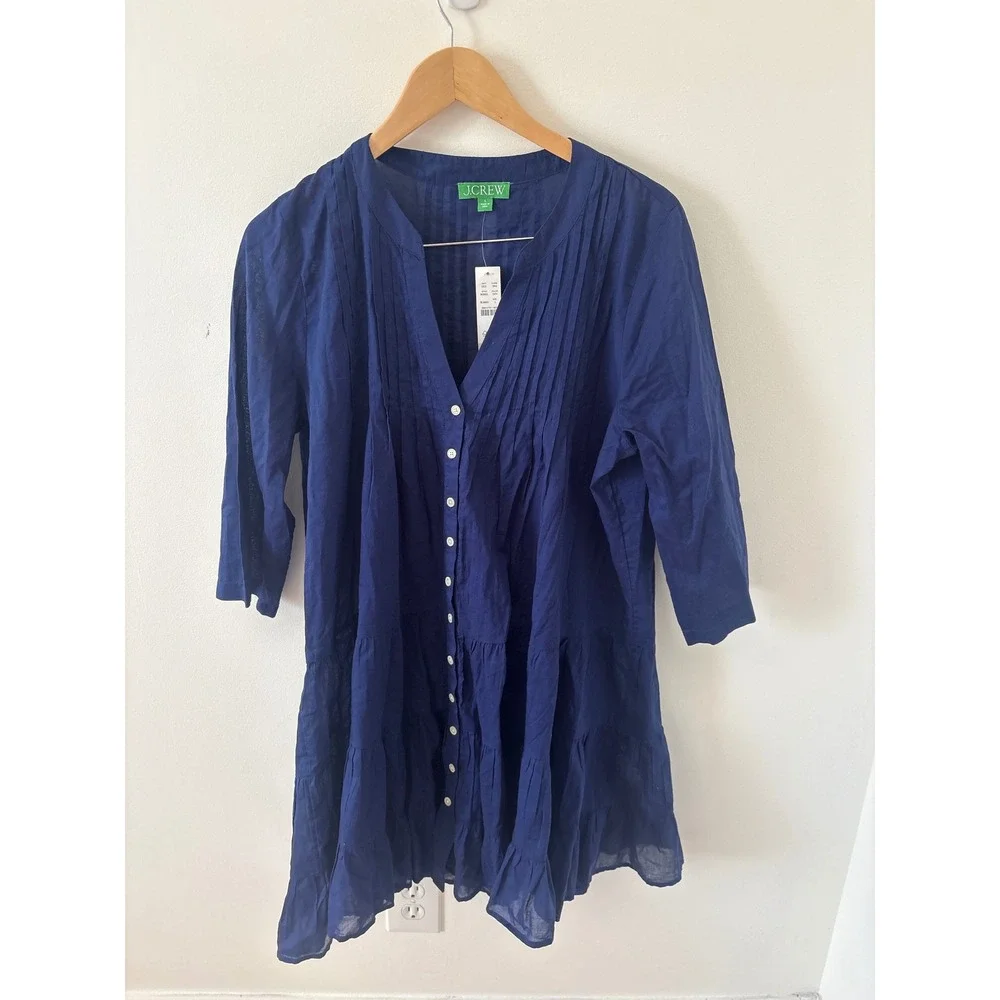 J.Crew Navy Blue Cotton Pintuck Tiered Button Front Mini Dress Tunic BQ963 L